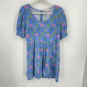 Loft Women’s Floral Puff Sleeve Blue Floral Linen-Blend Dress Size 10 Easter